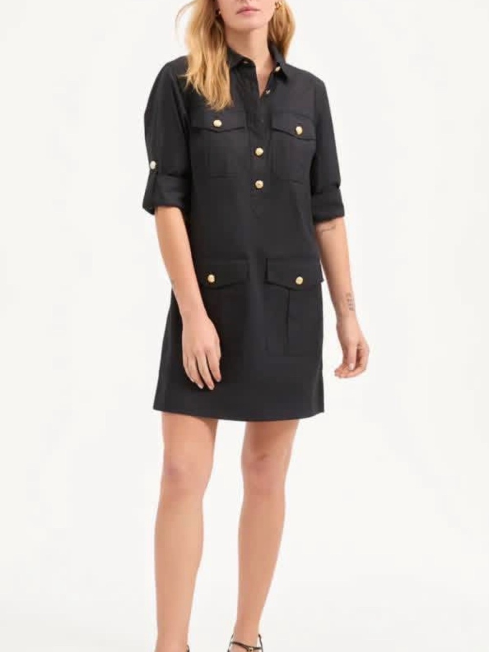 Veronica Beard Black Shirt Mini Dress with Gold Buttons